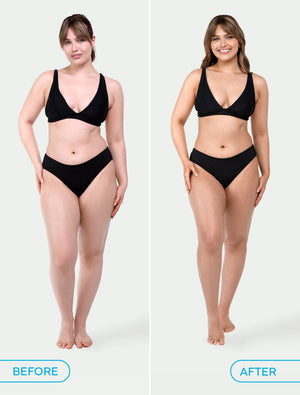 Side-by-side comparison of a woman in a black bikini, labeled before and after, showing a slimmer, more radiant look after using BondiSandsEU Aero Self Tanning Foam 1 Hour Express & Application Mitt Bundle.