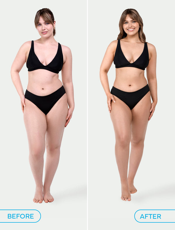 Side-by-side photo of a woman in a black bikini; the left side (before) shows her with a fuller figure, and the right side (after) displays her slimmer and toned—both featuring BondiSandsEU Aero Self Tanning Foam 1 Hour Express against a light background.