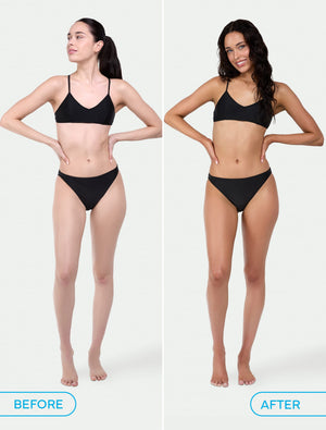 Side-by-side photo of a woman in a black bikini. Left “before”: lighter skin and straight hair. Right “after”: gorgeous tan from BondiSandsEU Self Tanning Foam Light Medium, with wavy, darker hair.
