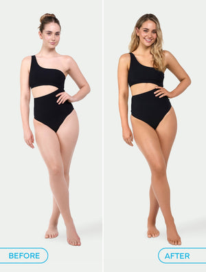 Side-by-side photo of a woman in a black one-shoulder swimsuit, before with straight hair and after with wavy hair and glowing skin, showing results from using the Bondi Sands Europe Dark Get Glowing 3 Piece Starter Kit for a flawless self tan.