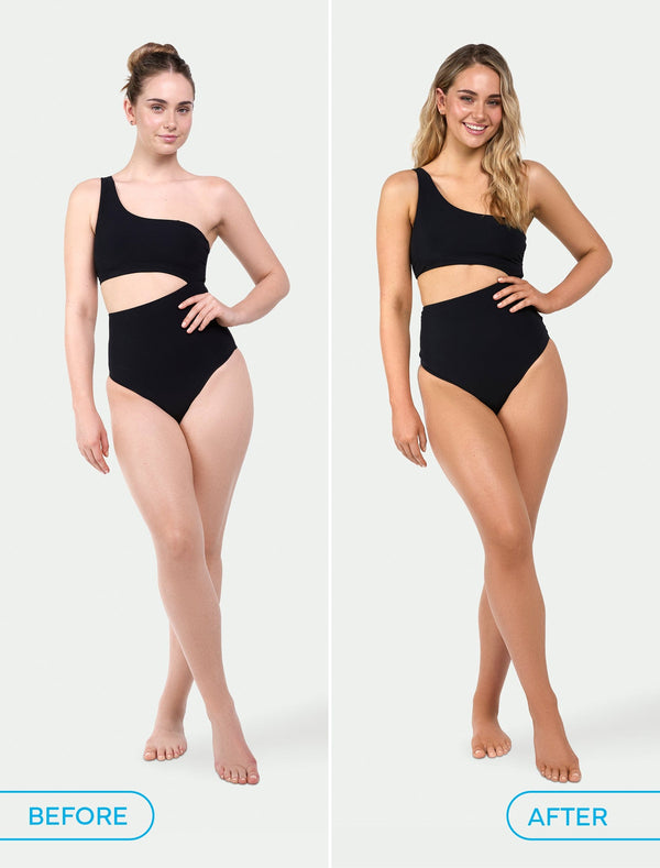Side-by-side photo of a woman in a black one-shoulder swimsuit, before with straight hair and after with wavy hair and glowing skin, showing results from using the Bondi Sands Europe Dark Get Glowing 3 Piece Starter Kit for a flawless self tan.