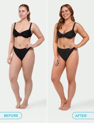 Side-by-side image of a woman in black underwear, before and after using BondiSandsEU Liquid Gold Gift Set. The right photo shows her slimmer and bronzed, both on a plain white background.