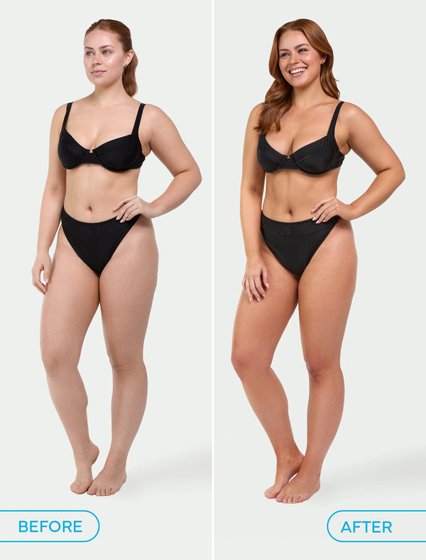 Side-by-side image of a woman in black underwear, before and after using BondiSandsEU Liquid Gold Gift Set. The right photo shows her slimmer and bronzed, both on a plain white background.