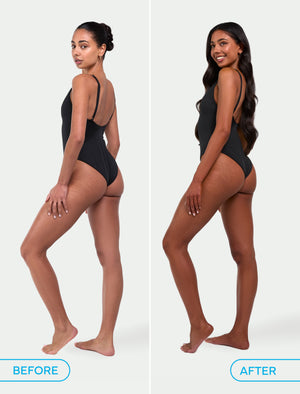 Side-by-side images of a woman in a black swimsuit: before with short hair in a bun, after with a radiant glow from the BondiSandsEU Ultra Dark Self Tanning Foam & Application Mitt Bundle. Both photos have a white background.