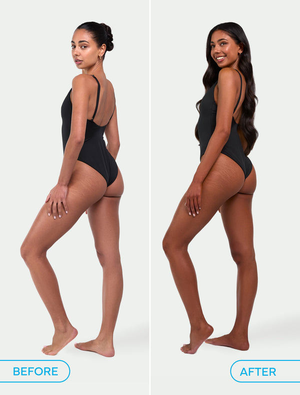 Side-by-side images of a woman in a black swimsuit: before with short hair in a bun, after with a radiant glow from the BondiSandsEU Ultra Dark Self Tanning Foam & Application Mitt Bundle. Both photos have a white background.