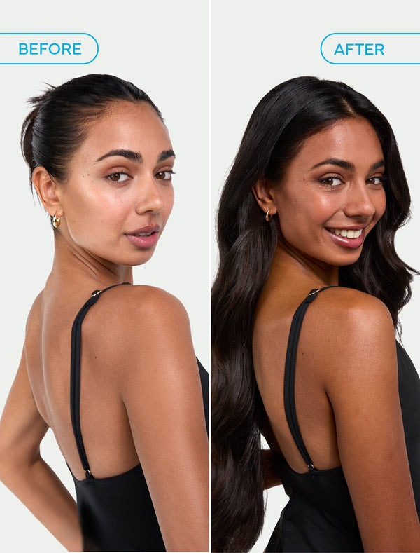 Side-by-side comparison: Left, she has short, tied-back hair; right, long waves. In both, she wears a black top and glows with an Australian tan from BondiSandsEU Self Tan Drops Dark.