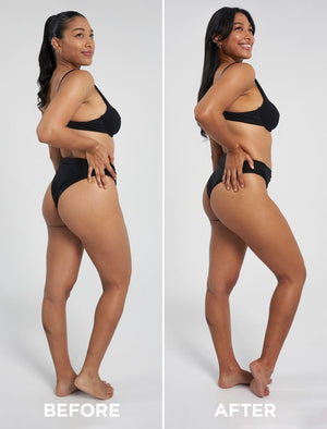 A woman in a black bikini appears in Before and After photos, showing a clear change in body shape and posture, with glowing skin achieved using BondiSandsEU Self Tanning Foam Liquid Gold.