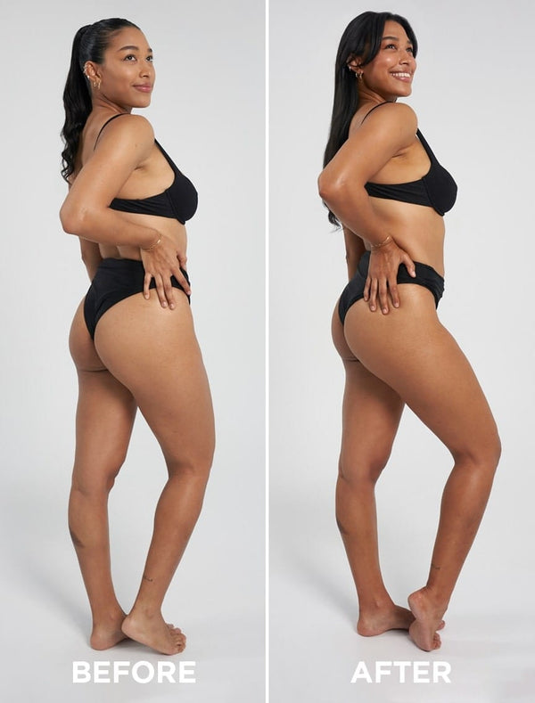A woman in a black bikini appears in Before and After photos, showing a clear change in body shape and posture, with glowing skin achieved using BondiSandsEU Self Tanning Foam Liquid Gold.