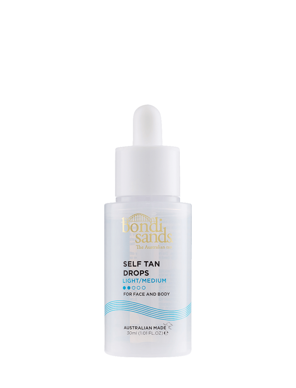 A bottle of BondiSandsEU Light-Medium Self Tanning Face Drops with a white dropper cap, labeled for face and body, sits against a plain white background. These self tanning face drops are formulated to deliver a bronzed complexion and are non-comedogenic, making them suitable for all skin types.