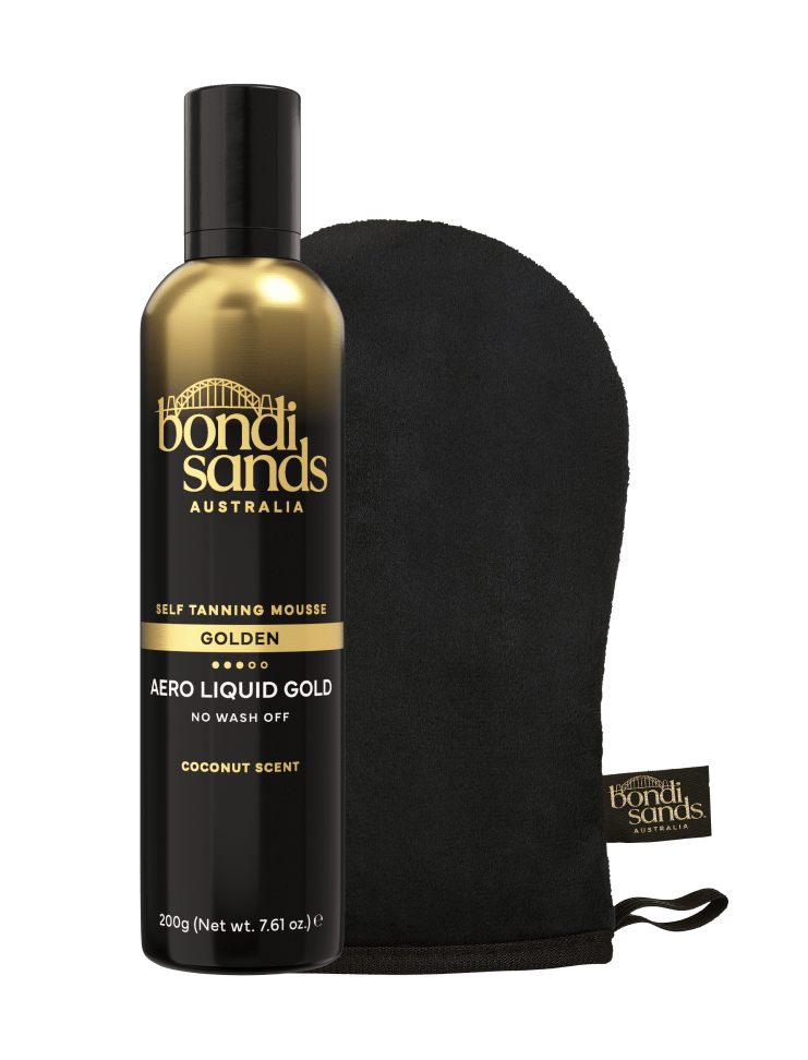 A Liquid Gold Aero Self Tanning Mousse & Application Mitt Bundle, featuring a bottle with a gold metallic top positioned next to a black application mitt.