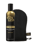 A Liquid Gold Aero Self Tanning Mousse & Application Mitt Bundle, featuring a bottle with a gold metallic top positioned next to a black application mitt.