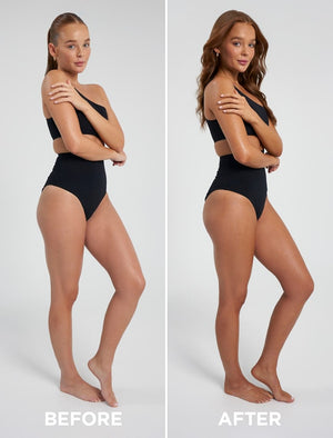 Side-by-side comparison of a woman in a black strapless swimsuit labeled “Before” and “After”—the “After” shows a more defined waist, enhanced curves, and an Australian glow with BondiSandsEU Self Tanning Foam Light Medium.