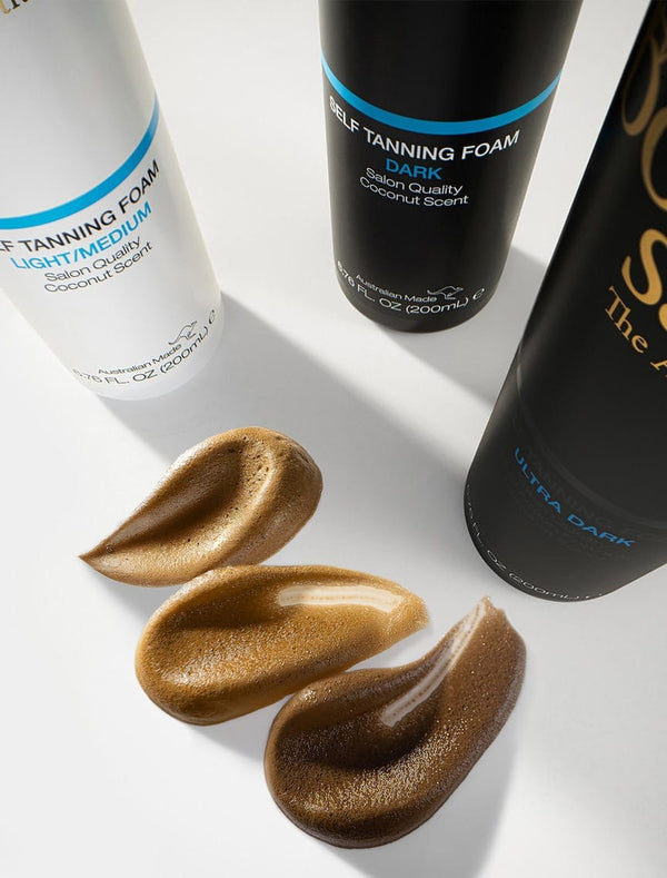 Three bottles of BondiSandsEU Self Tanning Foam Light Medium, Dark, and Ultra Dark are shown from above with rich swatches below—highlighting radiant Australian tans for every skin tone.