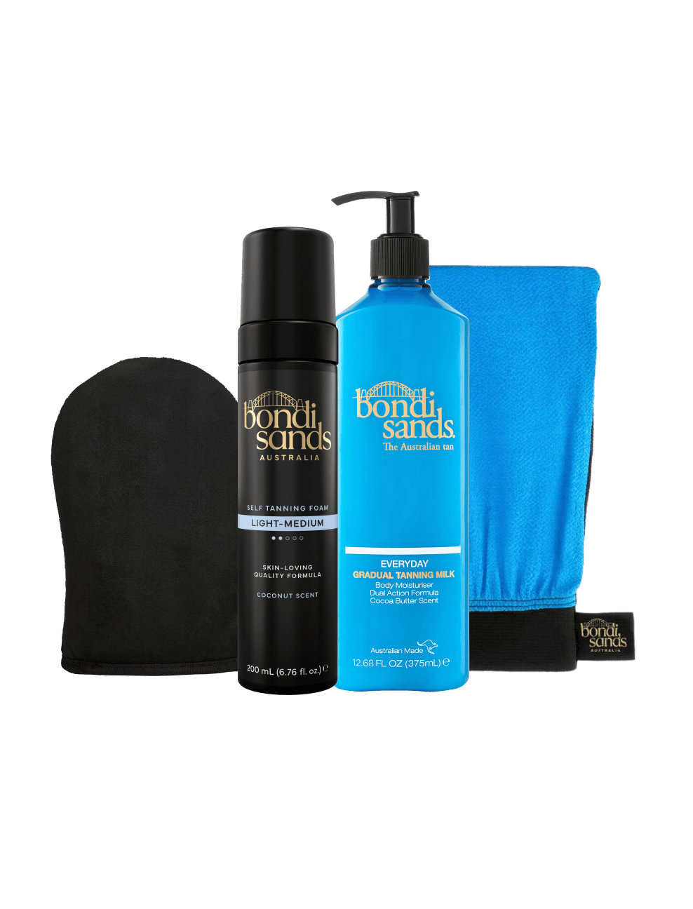 The BondiSandsEU Light-Medium Self Tanning Routine Bundle includes a black tanning mitt, self tanning foam, gradual self tanning milk with pump, and a blue cloth—all displayed upright against a white background.