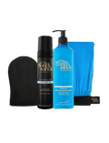 The BondiSandsEU Light-Medium Self Tanning Routine Bundle includes a black tanning mitt, self tanning foam, gradual self tanning milk with pump, and a blue cloth—all displayed upright against a white background.