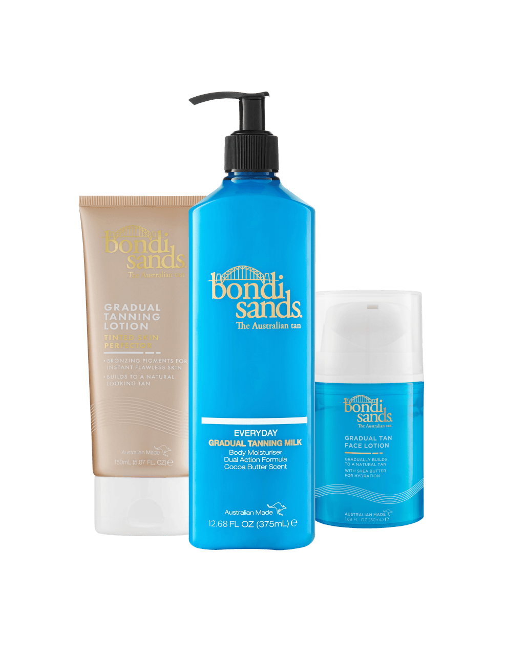 The BondiSandsEU Gradual Tanning Essentials Bundle includes glowing skin must-haves: a gold tube of tanning lotion, a large blue pump bottle of Everyday Gradual Tanning Milk, and a small blue bottle of Gradual Tan Face Lotion.