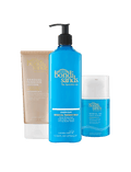 The BondiSandsEU Gradual Tanning Essentials Bundle includes glowing skin must-haves: a gold tube of tanning lotion, a large blue pump bottle of Everyday Gradual Tanning Milk, and a small blue bottle of Gradual Tan Face Lotion.