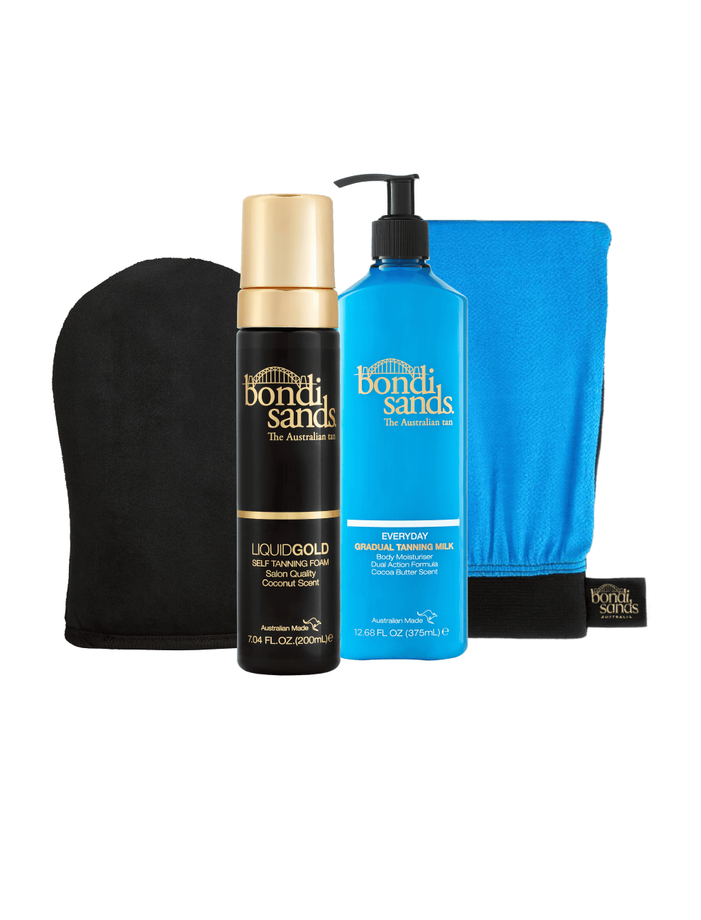 The BondiSandsEU Liquid Gold Self Tanning Routine Bundle, featuring a self tanning foam, gradual tanning milk, and an exfoliating mitt, is displayed against a white background.