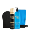 The BondiSandsEU Liquid Gold Self Tanning Routine Bundle, featuring a self tanning foam, gradual tanning milk, and an exfoliating mitt, is displayed against a white background.