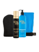 The BondiSandsEU Liquid Gold Self Tanning Routine Bundle, featuring a self tanning foam, gradual tanning milk, and an exfoliating mitt, is displayed against a white background.