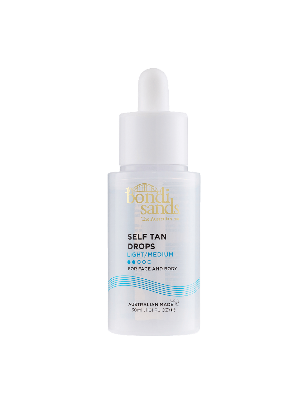 A white bottle of BondiSandsEU Light-Medium Self Tanning Face Drops with a dropper cap and gold, blue text. Non-comedogenic formula for face and body delivers a bronzed look. Contains 30ml (1.01 fl.oz.).