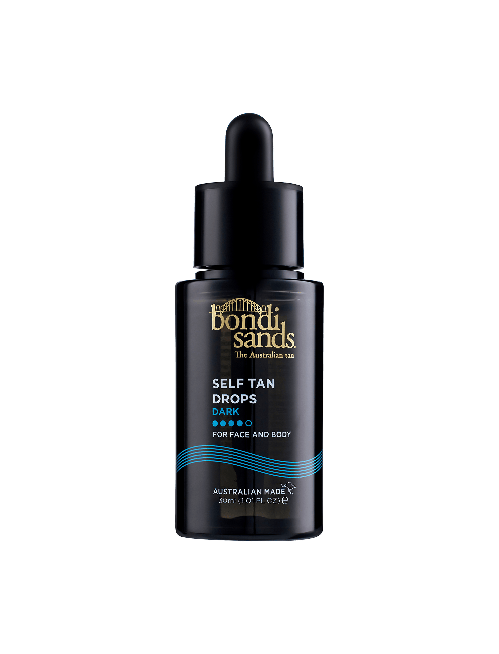 A 30ml black bottle of BondiSandsEU Dark Self Tanning Face Drops with a dropper lid, non-comedogenic and suitable for face and body, helps achieve a bronzed look.