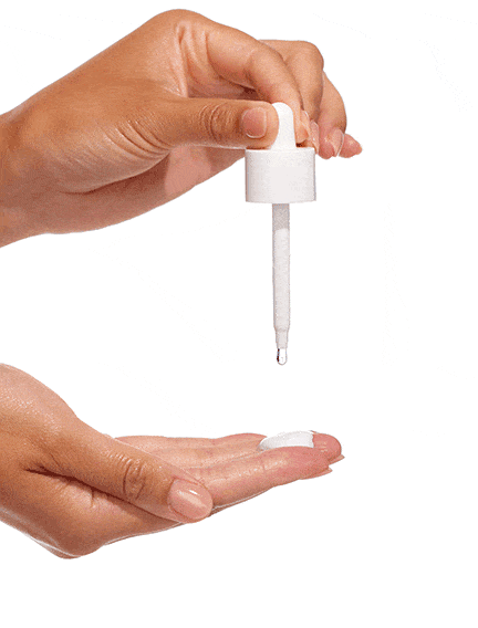 A hand holds a dropper above an open palm, dispensing a clear liquid serum—perfect for glowing skin or mixing with BondiSandsEU Self Tan Drops Light/Medium—against a white background.