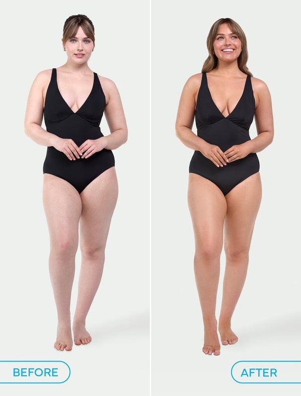 Side-by-side comparison of a woman in a black swimsuit: Before and After. In the After image, her skin appears more radiant and glowing after using the BondiSandsEU Liquid Gold Gift Set with an application mitt.