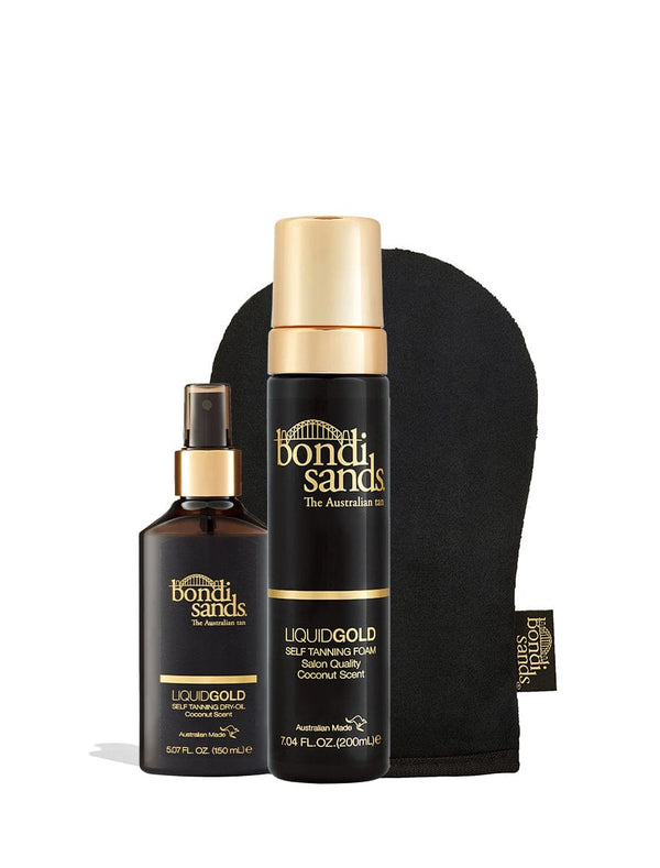 The BondiSandsEU Glow & Go Bundle—featuring a spray, foam, and black tanning mitt with gold and black branding—offers everything you need for a flawless golden glow.