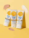 Three tubes of BondiSandsEU Face SPF 50+ Tinted & Matte Sunscreen Lotion for oily skin are displayed on a yellow background, with beige and pink lotion swatches beside them.