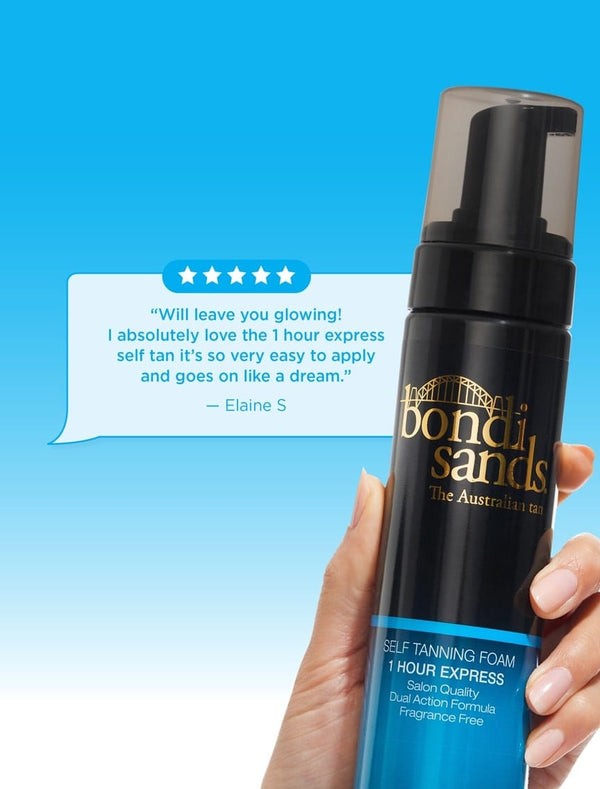A hand holds a bottle of BondiSandsEU Self Tanning Foam 1 Hour Express against a blue background. Above, a 5-star review praises its easy application, fast results, and the beautiful glow it gives skin.