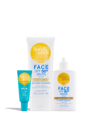 Three Bondi Sands Europe SPF Besties Bundle products—a blue lip balm tube, a white SPF 50+ face lotion, and a face fluid bottle—stand upright against a white background, offering daily sun protection.