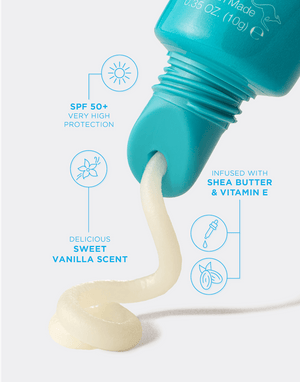 A close-up of BondiSandsEU SPF 50+ Lip Balm Sweet Vanilla, infused with shea butter and vitamin E, highlights broad-spectrum sun protection and hydration in a blue tube.