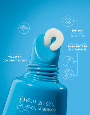 A close-up of BondiSandsEU SPF 50+ Lip Balm Toasted Coconut shows cream emerging. Text highlights SPF 50+ protection, toasted coconut scent, shea butter, and vitamin E for hydrating lips. White icons and text on a blue background.
