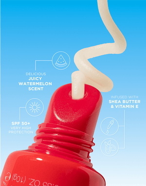 A close-up of BondiSandsEU SPF 50+ Lip Balm Juicy Watermelon shows a red tube dispensing hydrating cream, with text highlighting SPF 50+, a watermelon scent, and nourishing shea butter and vitamin E.
