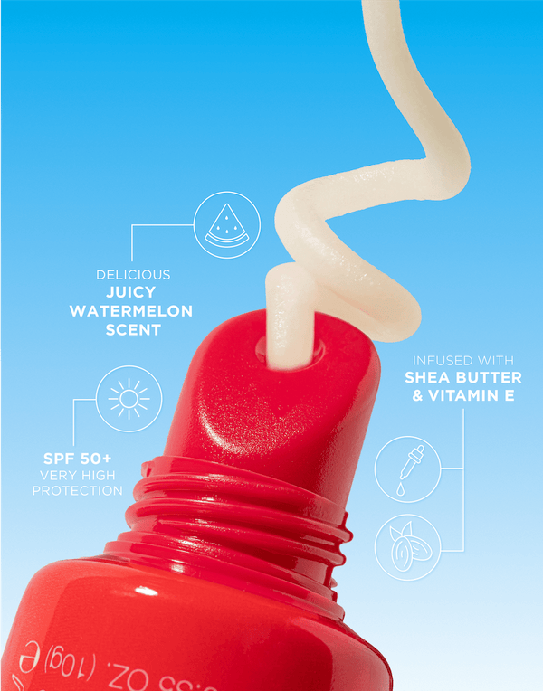 A close-up of BondiSandsEU SPF 50+ Lip Balm Juicy Watermelon shows a red tube dispensing hydrating cream, with text highlighting SPF 50+, a watermelon scent, and nourishing shea butter and vitamin E.