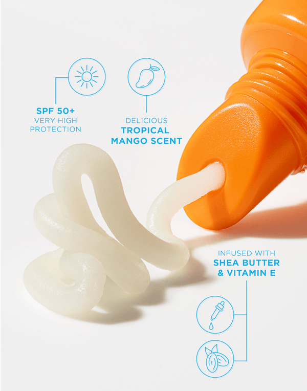 An orange tube of BondiSandsEU SPF 50+ Lip Balm Tropical Mango dispenses a swirl of white balm, featuring SPF 50+ protection, a tropical mango scent, and nourishing shea butter—just like our Tropical Mango Lip Balm.