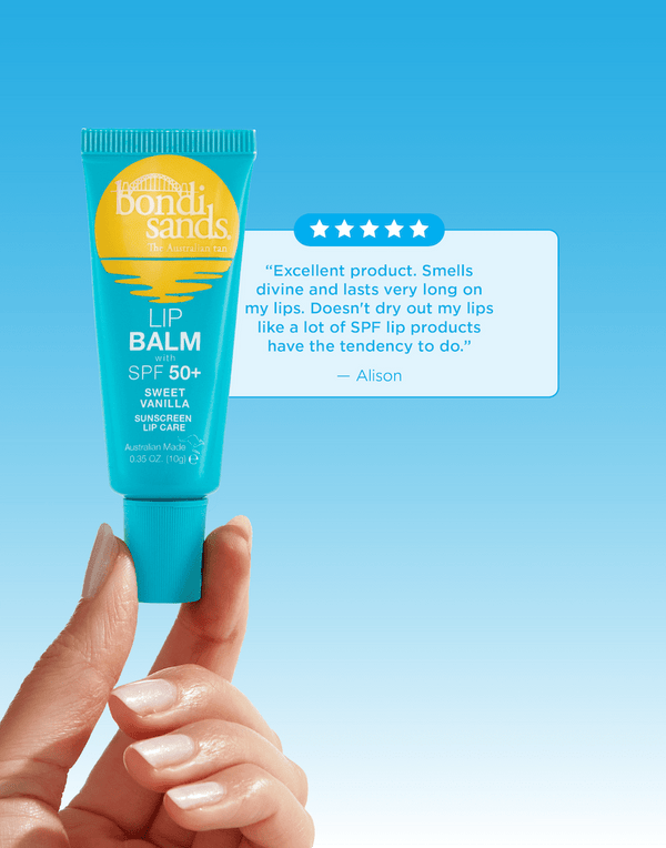 A hand holds a tube of BondiSandsEU SPF 50+ Lip Balm Sweet Vanilla against a blue gradient background, with a 5-star customer review shown to the right of the product.