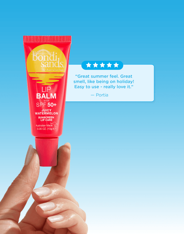 A hand displays the BondiSandsEU SPF 50+ Lip Balm Juicy Watermelon against a blue background, next to a glowing five-star customer review.
