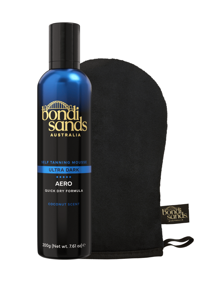 A bottle of BondiSandsEU Ultra Dark Aero Self Tanning Mousse & Application Mitt Bundle sitting next to a black application mitt.