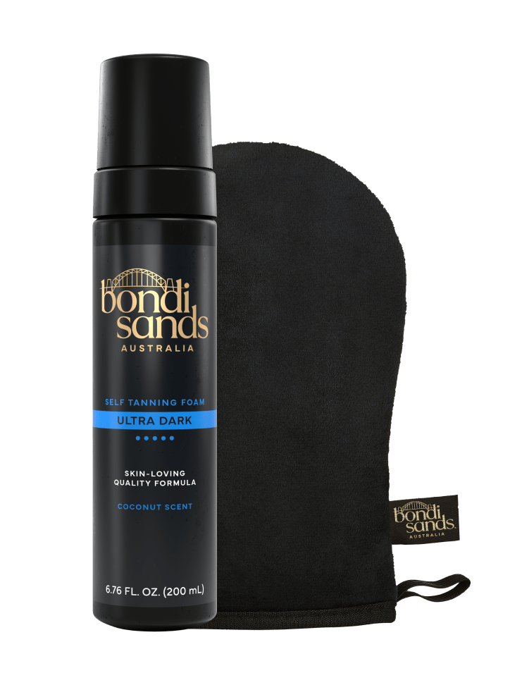 An Ultra Dark Self Tanning Foam & Application Mitt Bundle by BondiSandsEU featuring a bottle of foam next to a black application mitt.