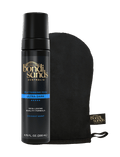 An Ultra Dark Self Tanning Foam & Application Mitt Bundle by BondiSandsEU featuring a bottle of foam next to a black application mitt.