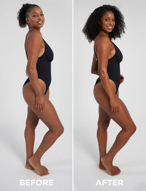 Side-by-side photos show a woman in a black one-piece swimsuit, smiling before and after her transformation with BondiSandsEU Self Tanning Foam Ultra Dark, achieving her darkest Australian-inspired tan.