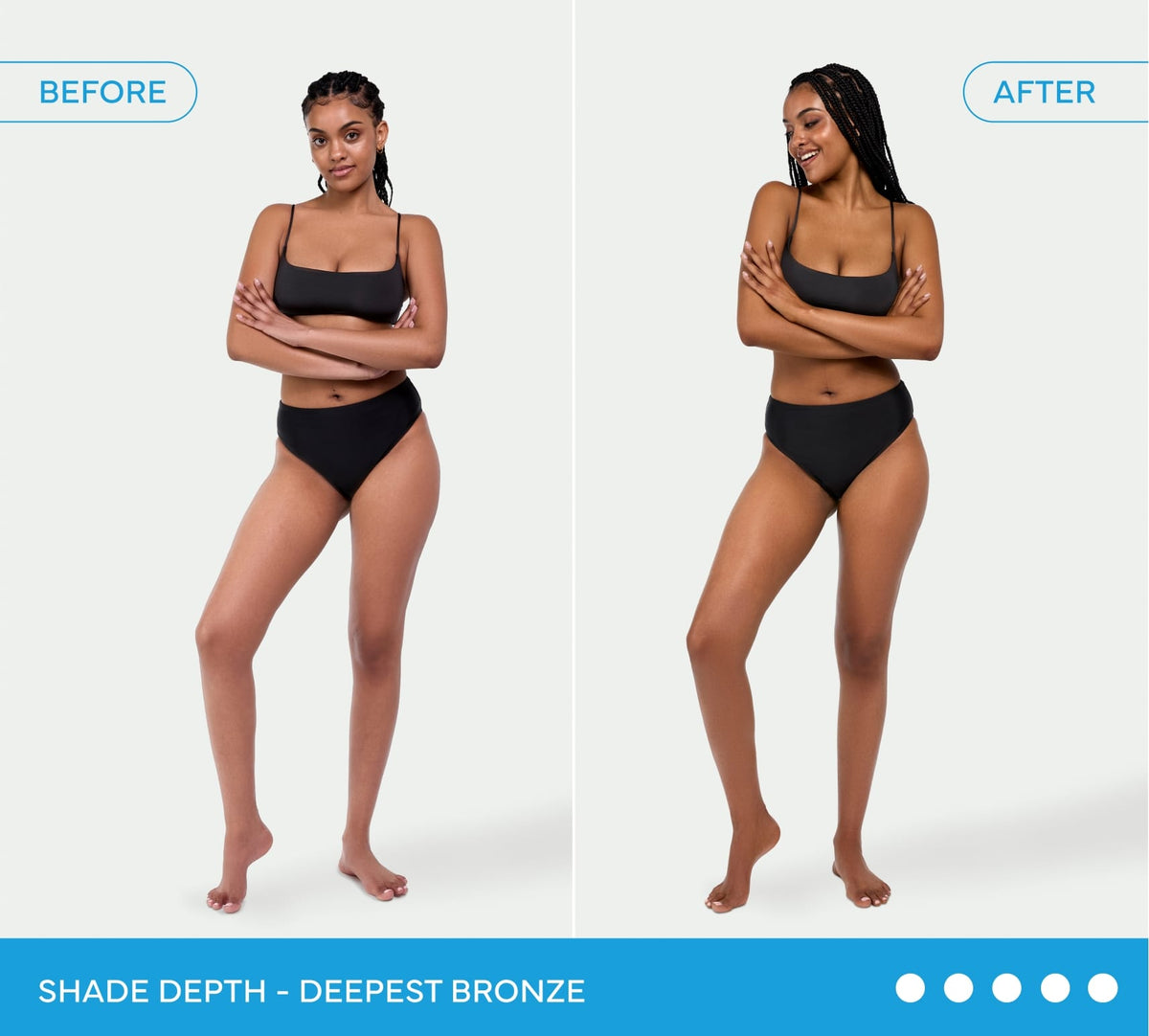 Before-and-after images show a woman in black swimwear achieving a deep, bronzed glow with BondiSandsEU Ultra Dark Self Tanning Foam & Application Mitt Bundle. Text: SHADE DEPTH – DEEPEST BRONZE. For best results, use the included Mitt.