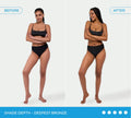 Before-and-after images show a woman in black swimwear achieving a deep, bronzed glow with BondiSandsEU Ultra Dark Self Tanning Foam & Application Mitt Bundle. Text: SHADE DEPTH – DEEPEST BRONZE. For best results, use the included Mitt.
