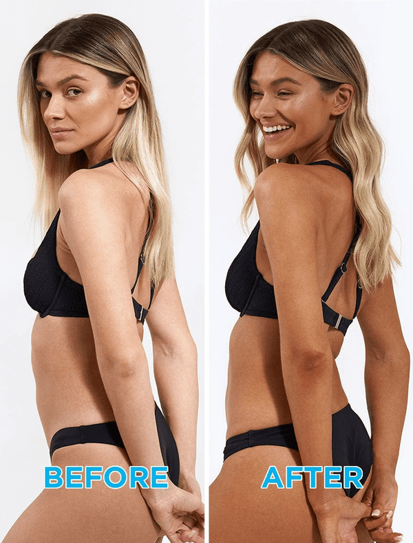 Split image shows a woman in a black bikini from the side. Left: neutral, "BEFORE". Right: smiling, improved posture, "AFTER". Both images highlight her transformation with the BondiSandsEU Bondi Get Glowing Tanning Routine 4-piece Gift Set.