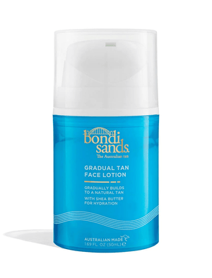 The BondiSandsEU Gradual Essentials Bundle features a 50 mL blue and white pump bottle of Gradual Tan Face Lotion, enriched with shea butter to hydrate skin and gradually build a natural-looking glow.