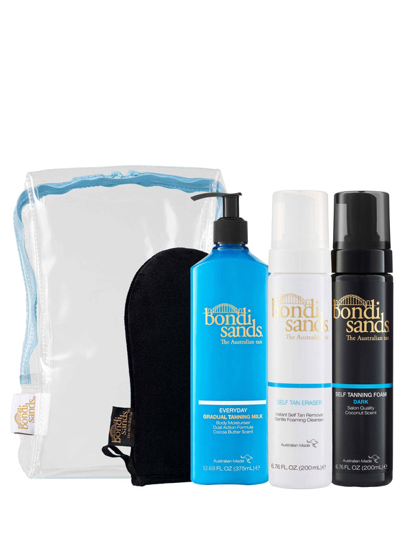 The Best Of Bondi Gift Set by BondiSandsEU features a clear zip pouch, black tanning mitt, blue Gradual Tanning Milk pump, white Self Tan Eraser pump, and sleek black Self Tanning Foam dispenser.