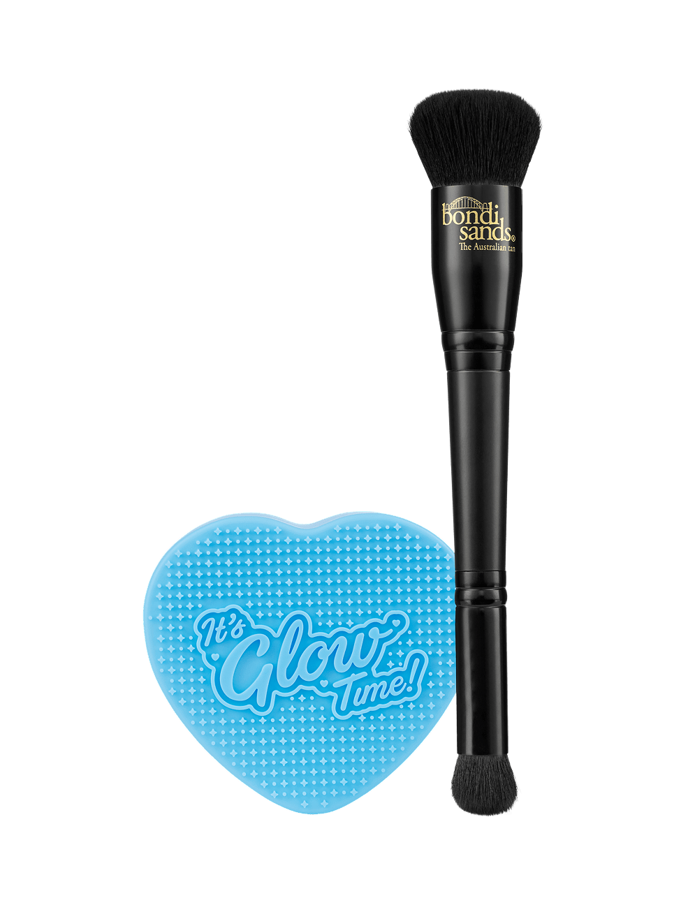 The BondiSandsEU Self Tan Contour Kit features a double-ended black contour brush beside a blue heart-shaped case with white dots and "Its Glow Time!"—ideal for achieving a bronzed glow.