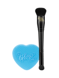 The BondiSandsEU Self Tan Contour Kit features a double-ended black contour brush beside a blue heart-shaped case with white dots and "Its Glow Time!"—ideal for achieving a bronzed glow.